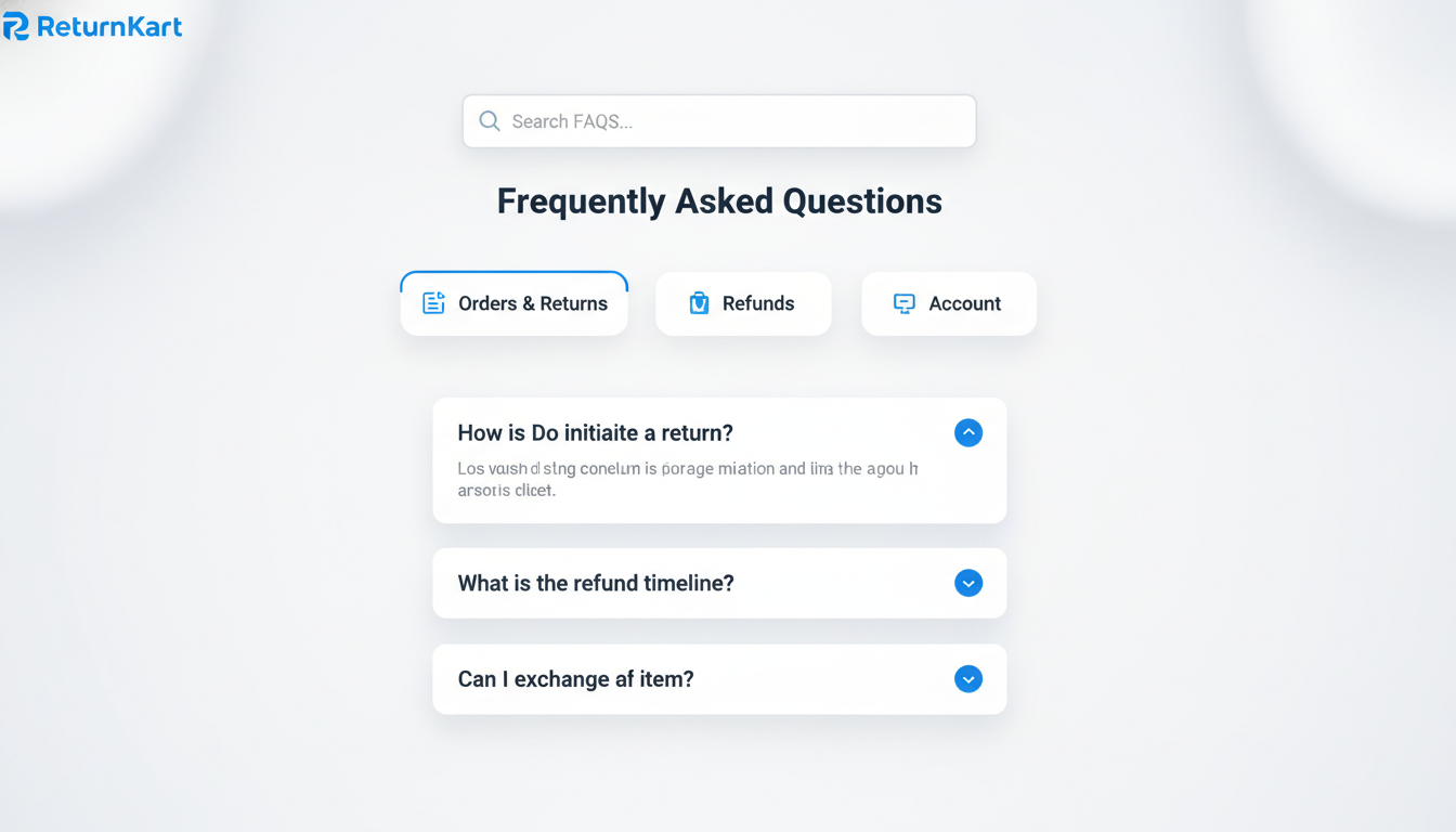 ReturnKart FAQ interface showing Orders & Returns, Refunds, Account sections